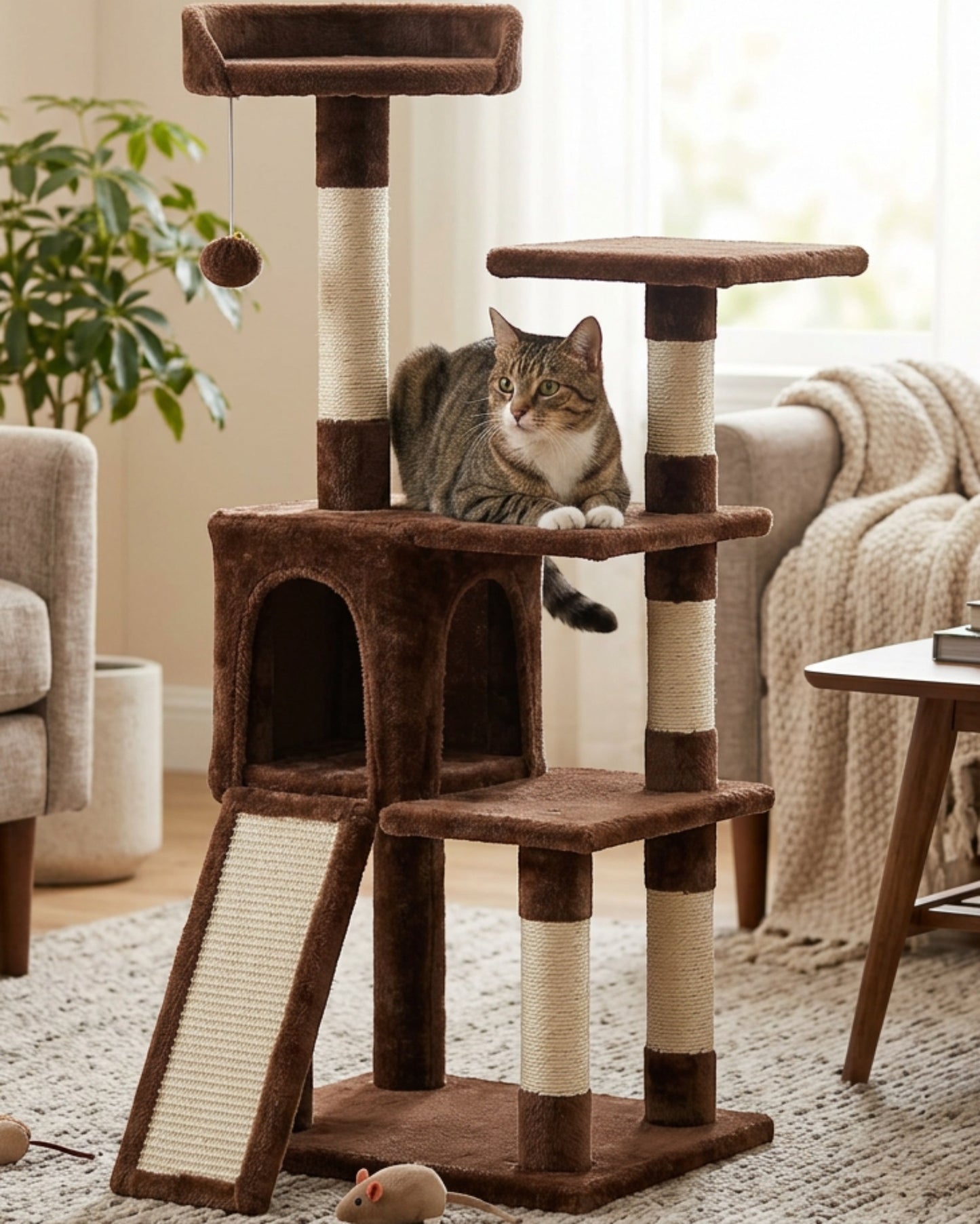 Gndvj Cat Tree Brown 95 cm with Scratching Ramp