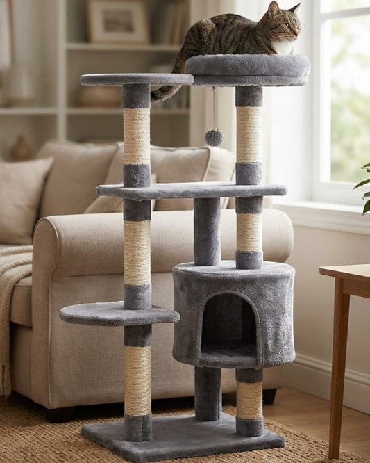 Gndvj Multi Level Cat Tree Gray 120 cm with Sisal Posts